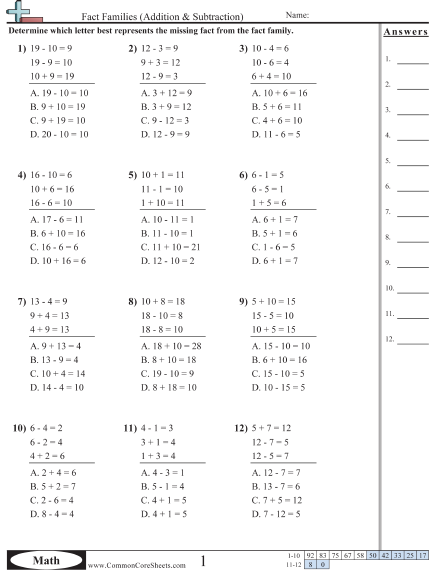 Find Missing Fact (Multiple Choice) Worksheet - Fact Families (Addition & Subtraction)  worksheet